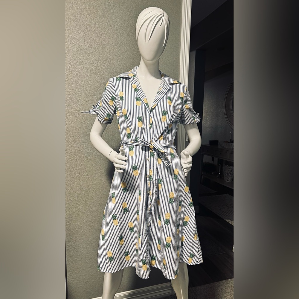 Chloe + Rene Striped Pineapple Print Midi Shirt Dress - Yellow/Green size S